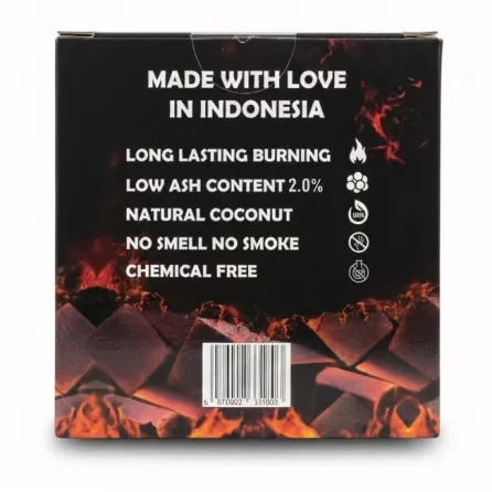 Back of Red Cube Charcoal box displaying product features and origin