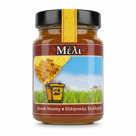 Jar of Greek honey with honeycomb illustration on label