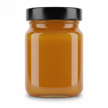 Back view showing smooth golden honey in jar