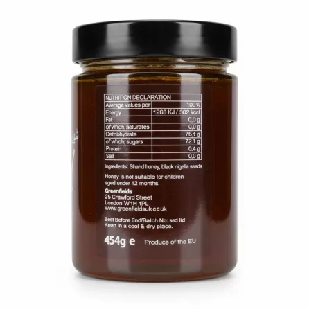 Nutrition facts and ingredients on Shahd Honey with Black Seed jar