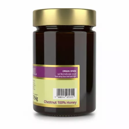 Back label showing origin and barcode of chestnut honey