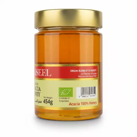 Side label showing product origin blend of EU honeys and barcode