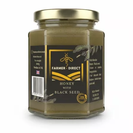 Jar of Farmer Direct Honey with Black Seed front label on a white background without price