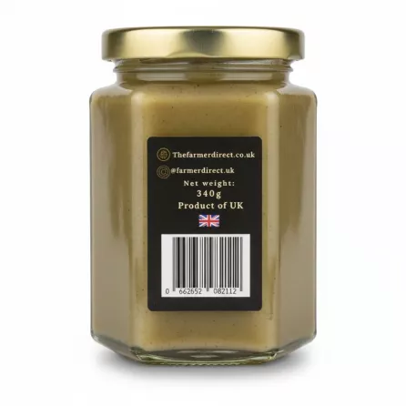 Jar of Farmer Direct Honey with Black Seed showing back label with weight and barcode