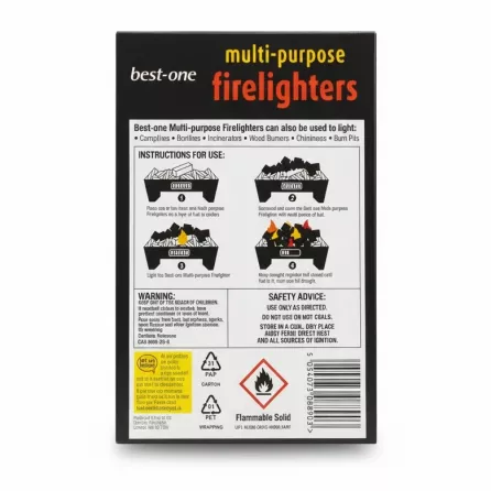 Back of Best-One multi-purpose firelighters pack showing usage instructions and safety advises