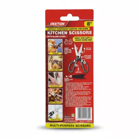 Dekton kitchen scissors packaging back showing features and uses
