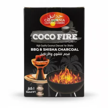 California Garden Coco Fire Charcoal box with Arabic label and images of grilling and shisha