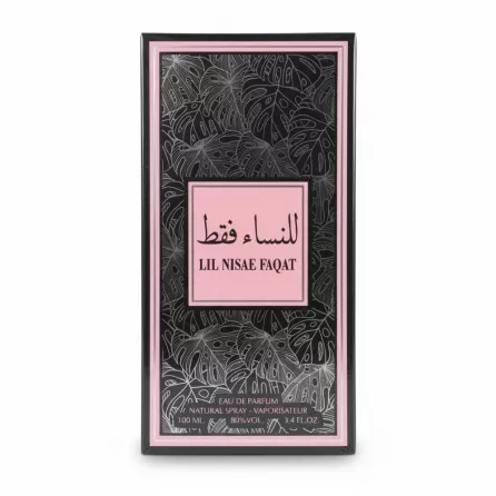Lil Nisae Faqat perfume box front with pink and black leaf design