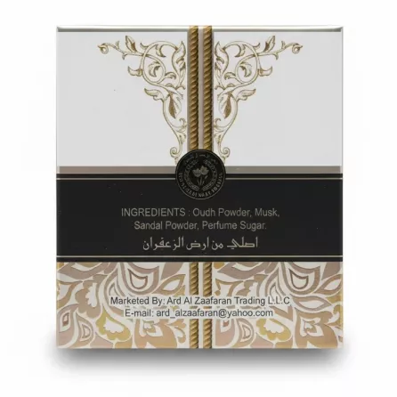 Bukhoor Safeer al Oud ingredients and marketing info on box
