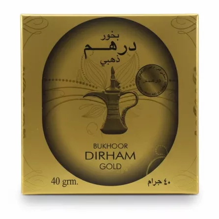 Dirham Gold Bukhoor golden packaging front view