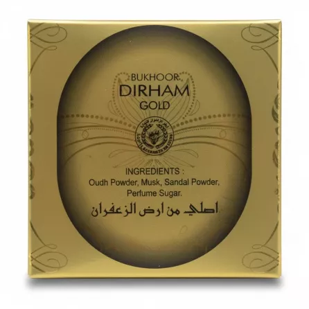 Dirham Gold Bukhoor ingredients listed on gold packaging
