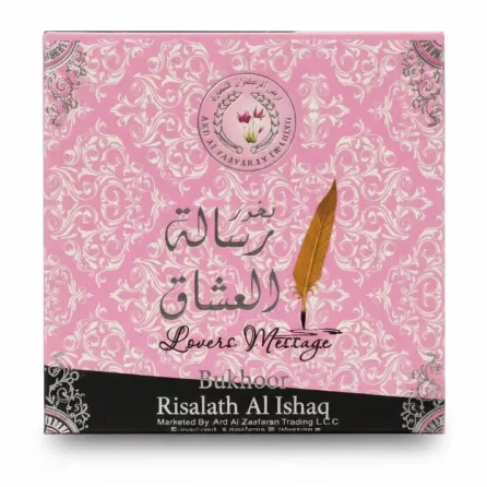 Front side of Risalah Al Ishaq Bukhoor pink box with Arabic calligraphy