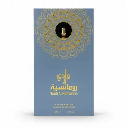 Blue and gold decorative packaging box of Wadi Al Romancia Eau de Parfum