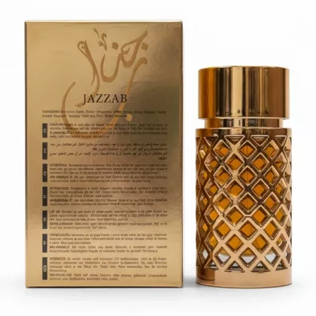 Box and bottle of Jazzab perfume showing ingredients and caution labels