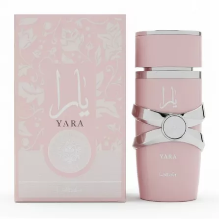 Lattafa Yara Eau de Parfum bottle and packaging in pastel pink with silver accents