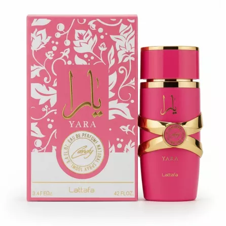 Pink and gold Lattafa Yara Candy Eau de Parfum perfume bottle with matching box
