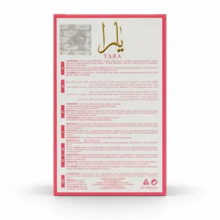Back of Lattafa Yara Candy perfume box showing multilingual ingredients list