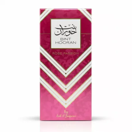 Packaging box of Bint Hooran Rose Passion perfume in pink and gold design