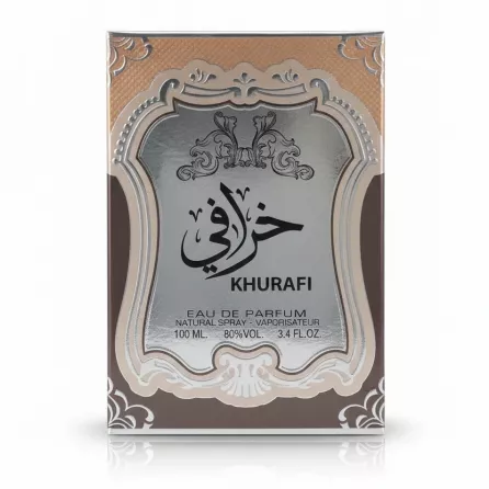 Lattafa Khurafi Eau de Parfum front packaging with elegant reflective design