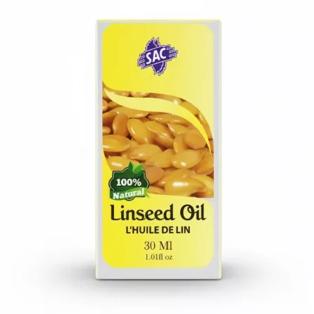Front of SAC Linseed Oil 30ml yellow package showing linseed seeds on a white background