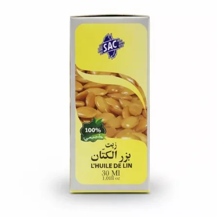 Back side of SAC Linseed Oil 30ml package with text in Arabic and French