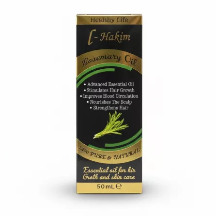 L-Hakim Rosemary Oil front view showing branding and benefits