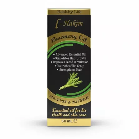 Close-up of L-Hakim Rosemary Oil packaging with product features
