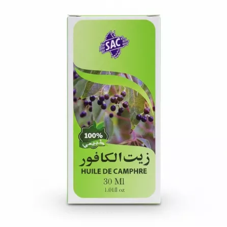 SAC Camphor Oil 30ml packaging front showing green label with camphor plant berries