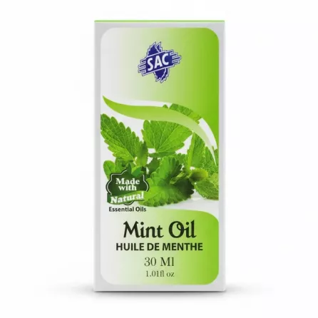SAC brand mint oil box front with green mint leaves illustration