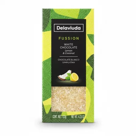 Delaviuda Fussion white chocolate bar with lemon and coconut flavour front packaging