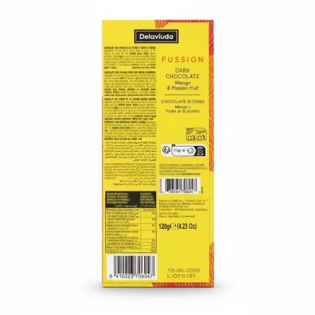 Back packaging showing ingredients and nutritional information of Delaviuda Fussion Dark Chocolate