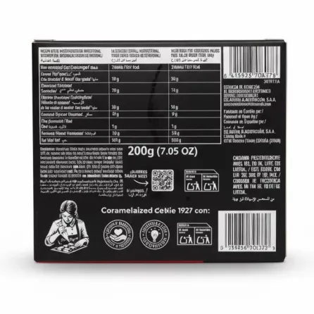 Nutritional facts and ingredients on the back of Delaviuda Caramelized Cookie Turón box