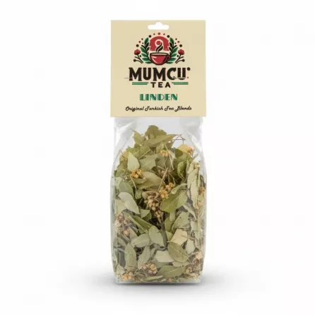 Packet of Mumcu Linden Tea with loose dried linden leaves and flowers visible