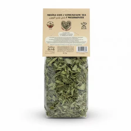 Back view of Mumcu Tea Lemon Balm with brewing instructions and product details