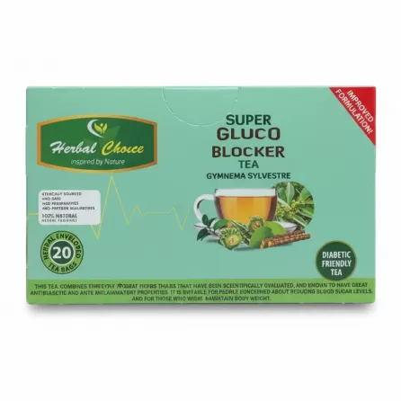 Top view of Herbal Choice Super Gluco Blocker Tea box showing branding and price sticker