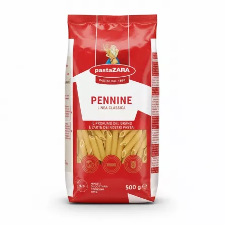 Front view of pastaZARA Pennine pasta pack showing penne pasta