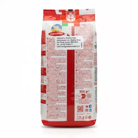 Back view of pastaZARA Pennine pasta pack with ingredients and importer info