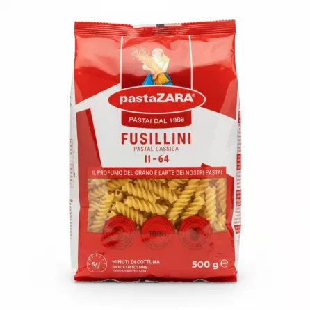 packet of pastaZARA fusillini pasta showing front packaging with spiral pasta inside