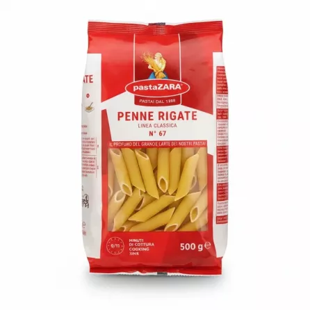 Package of pastaZARA Penne Rigate pasta showing penne pasta tubes