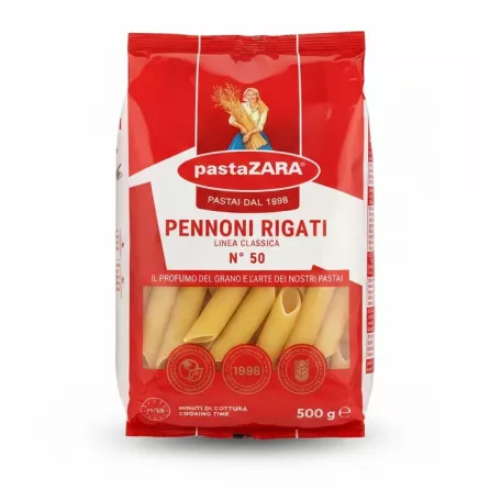 pastaZARA pennoni rigati pasta pack front view showing pasta pieces