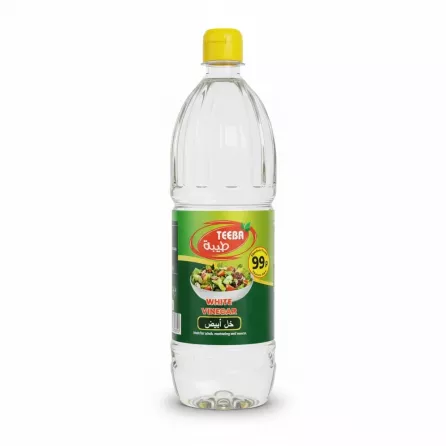 Teeba brand white vinegar bottle with yellow cap and green label showing salad image