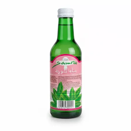 Green glass bottle of Samra branded rose water with a pink label and white cap