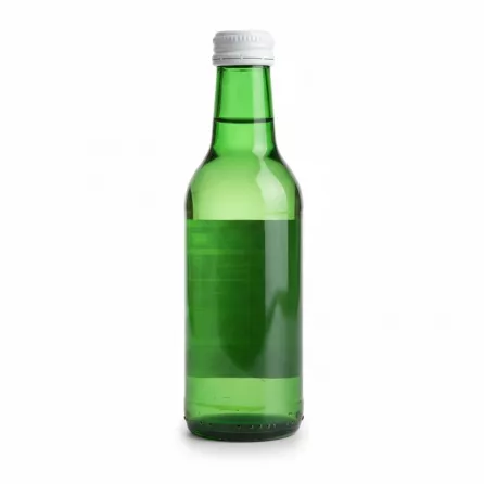 Back view of the green glass bottle showing the clear rose water content