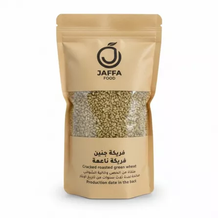 Packaged cracked roasted green wheat by Jaffa Food, showing details of the grain