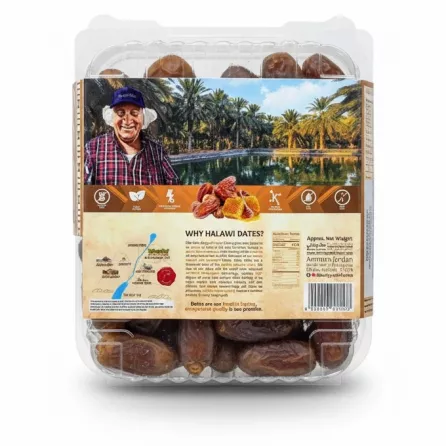 Back of Ajyash Farms Halawi Dates pack showing farm imagery and product details