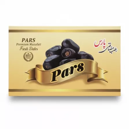 Box of Pars Premium Mazafati Fresh Dates with golden packaging