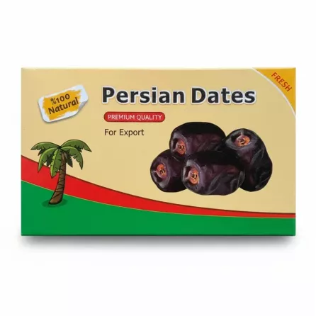 Box of premium Persian dates labeled 100% natural