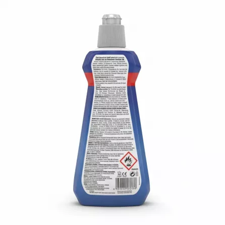 Back label of Finish Dishwasher Rinse & Shine Aid bottle showing product details and barcode