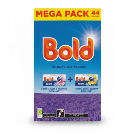 Back of Bold Laundry Detergent box showing extra product variants and purple field background