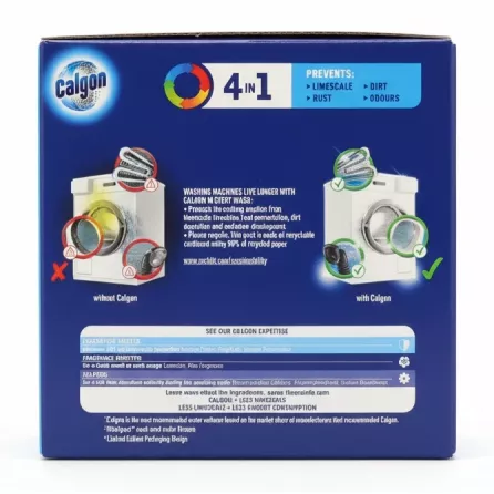 Back of Calgon Power Tabs box showing 4-in-1 protection and benefits